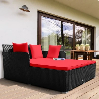 Tangkula Patio Rattan Daybed With 4 Pillows Cushioned Sofa For Outdoor 4 Tangkula Patio Rattan Daybed With 4 Pillows Cushioned Sofa For Outdoor - Image 4