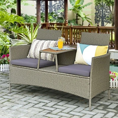 Tangkula Outdoor Patio Rattan Loveseat Sofa Double Conversation Set W/Cushion & Built-in Table 2 Tangkula Outdoor Patio Rattan Loveseat Sofa Double Conversation Set W/Cushion & Built-in Table - Image 2