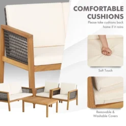 Tangkula 8PCS Patio Acacia Wood Furniture Set PE Rattan Conversation Set W/ Off White Cushions -Tangkula GUEST abe90657 a24f 48cb 9c9c 62e6088ea011