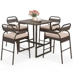 Tangkula 5-Piece Patio Rattan Counter Set Counter Height Square Table W/ 4 Wicker Counter Stools -Tangkula GUEST ac568434 24a7 437b 801b 4d39bdb05d47
