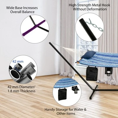 Tangkula 12Ft Hammock With Heavy-Duty Steel Stand, Woven Hammock Chair Set, Portable Hammock With Beech Wood Bar & Cotton Mat 4 Tangkula 12Ft Hammock With Heavy-Duty Steel Stand, Woven Hammock Chair Set, Portable Hammock With Beech Wood Bar & Cotton Mat - Image 4