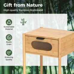 Tangkula Bamboo Nightstand Farmhouse Bedside Table W/ Tempered Glass Decorated Drawer -Tangkula GUEST ac9676d6 11a7 449e 89b6 463e24140b49