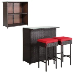 Tangkula 3PCS Patio Wicker Rattan Bar Set Table W/2 Red Cushioned Stools -Tangkula GUEST acb95724 7303 480a 9270 69513defdd52 1