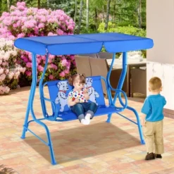 Tangkula Kids Patio Porch Bench Swing W/ Safety Belt Canopy Outdoor Furniture Blue -Tangkula GUEST acbd5678 8734 4e4a abb9 37452ecde83a