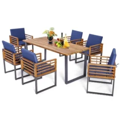 Tangkula 7PCS Acacia Wood Patio Dining Set Cushioned Dining Chair & Table Set W/ Umbrella Hole -Tangkula GUEST acc4f674 c818 4628 8af8 ecee5aab3c24
