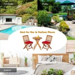 Tangkula 3PCS Folding Acacia Wood Bistro Set Patio Conversation Set W/ Red Cushions -Tangkula GUEST acf016a4 37b6 4a14 89ce 442577c5addc