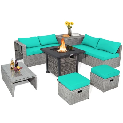 Tangkula 9 Pieces Outdoor Patio Furniture Set W/ 32" Propane Fire Pit Table Sectional Sofa Set W/ Storage Box Black/Gray/Navy/Red/Turquoise/Off White 14 Tangkula 9 Pieces Outdoor Patio Furniture Set W/ 32" Propane Fire Pit Table Sectional Sofa Set W/ Storage Box Black/Gray/Navy/Red/Turquoise/Off White - Image 14