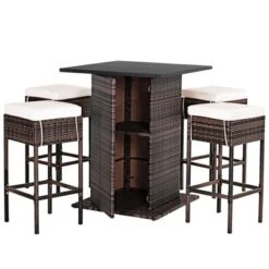 Tangkula 5 PCS Patio Rattan Dinning Set Conversation Set All Weather Wicker Bar Table Stool Set W/Hidden Storage Shelf & Cushions -Tangkula GUEST ade4ba2f bf25 4ba2 962f 39ba97a34040