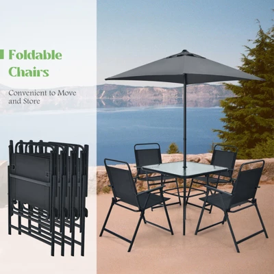 Tangkula 6-Piece Patio Dinning Sets Garden Table Set Outdoor Folding Chairs & Glass Table Set W/ Umbrella Grey 5 Tangkula 6-Piece Patio Dinning Sets Garden Table Set Outdoor Folding Chairs & Glass Table Set W/ Umbrella Grey - Image 5