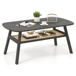Tangkula 2-Tier Coffee Table W/ Rattan Storage Shelf & Rubber Wood Legs For Living Room -Tangkula GUEST aeb8fb24 5fda 4ad7 9206 3065f491ef67