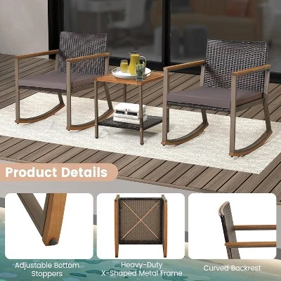 Tangkula 3PCS Rattan Rocking Chair Bistro Set Armrest Cushion Table W/ Storage Shelf Patio 1 Tangkula 3PCS Rattan Rocking Chair Bistro Set Armrest Cushion Table W/ Storage Shelf Patio