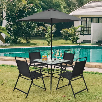 Tangkula 6-Piece Patio Dinning Sets Garden Table Set Outdoor Folding Chairs & Glass Table Set W/ Umbrella Grey 2 Tangkula 6-Piece Patio Dinning Sets Garden Table Set Outdoor Folding Chairs & Glass Table Set W/ Umbrella Grey - Image 2