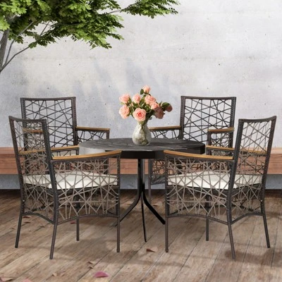 Tangkula Patio PE Rattan Dining Chairs Set Of 2/4 Patio PE Wicker Armchairs With Removable Cushions And Acacia Wood Armrests 3 Tangkula Patio PE Rattan Dining Chairs Set Of 2/4 Patio PE Wicker Armchairs With Removable Cushions And Acacia Wood Armrests - Image 3