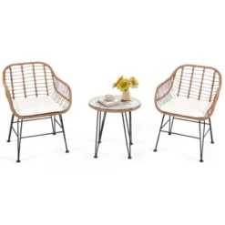 Tangkula 3PCS Patio Rattan Furniture Set With Round Tempered Glass Top Table & 2 Rattan Armchairs White/Turquoise/Red -Tangkula GUEST b0a13c4a 859f 4ccf a3b2 ac512a50415d