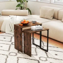 Tangkula Nesting Coffee Table Set Of 2 Modern Accent Sofa Side Tables W/ Faux Wood Top & Heavy Duty Metal Frame