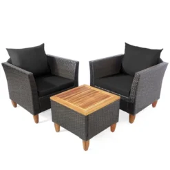 Tangkula 3PCS Patio Furniture Set Conversation Bistro Set W/ Acacia Wood & Cushions Black -Tangkula GUEST b15f6fcc 8189 4a92 9fc0 b4778155812f