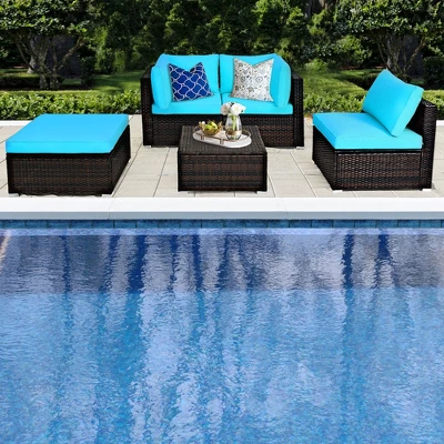 Tangkula 5PCS Cushioned Rattan Patio Conversation Set Outdoor Furniture Set W/ Ottoman 3 Tangkula 5PCS Cushioned Rattan Patio Conversation Set Outdoor Furniture Set W/ Ottoman - Image 3