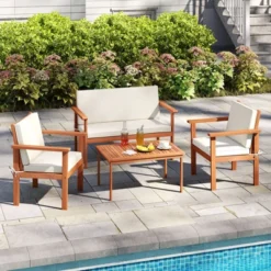 Tangkula 4 Pieces Patio Furniture Set Acacia Wood Porch Chairs W/ Table