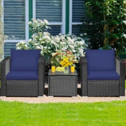 Tangkula 3PCS Rattan Patio Conversation Furniture Set Outdoor W/ Navy Cushions