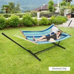 Tangkula Portable Hammock W/ Spreader Bars & Detachable Pillow Quick Dry & Water Proof Material Woven Cotton Rope Blue + Green/Light Blue + Yellow
