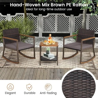 Tangkula 3PCS Rattan Rocking Chair Bistro Set Armrest Cushion Table W/ Storage Shelf Patio 2 Tangkula 3PCS Rattan Rocking Chair Bistro Set Armrest Cushion Table W/ Storage Shelf Patio - Image 2
