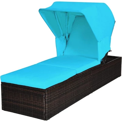 Tangkula Rattan Patio Chaise Lounge Chair W/ Adjustable Canopy Turquoise Cushion 10 Tangkula Rattan Patio Chaise Lounge Chair W/ Adjustable Canopy Turquoise Cushion - Image 10