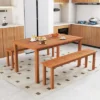 Tangkula Set Of 3 Patio Dining Set Solid Wood Dining Table W/2 Benches 2" Umbrella Hole