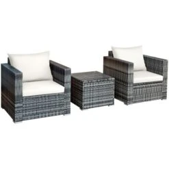 Tangkula 3-Piece Patio Wicker Conversation Set Bistro Rattan Sofa Chair With Washable Cushion -Tangkula GUEST b34c0acd 897c 4925 a571 42299fbc2cd8