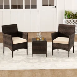 Tangkula 3 Pieces Patio Rattan Furniture Set Outdoor Conversation Set With PE Wicker Armchairs Tempered Glass Top Coffee Table -Tangkula GUEST b36a8c6f 77fd 484a bc46 d90b22a0559c