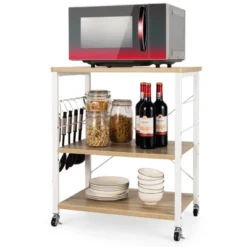 Tangkula Kitchen Baker's Rack 3-Tier Microwave Cart With Wheels&10 Hooks Rustic Brown/Maple/Vintage/Nut Brown -Tangkula GUEST b36eabbf 4b19 4bbe 9b3d 864328ef23ee