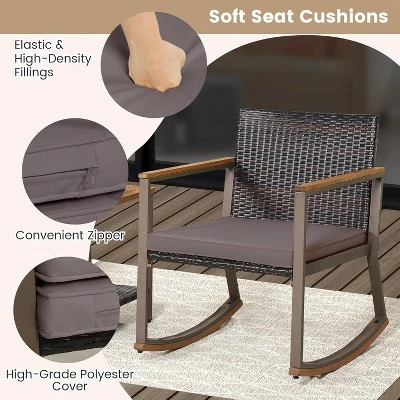 Tangkula 3PCS Rattan Rocking Chair Bistro Set Armrest Cushion Table W/ Storage Shelf Patio 4 Tangkula 3PCS Rattan Rocking Chair Bistro Set Armrest Cushion Table W/ Storage Shelf Patio - Image 4
