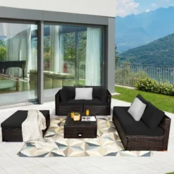 Tangkula 6PCS Rattan Patio Sectional Sofa Set Outdoor Furniture Set W/ Black Cushions