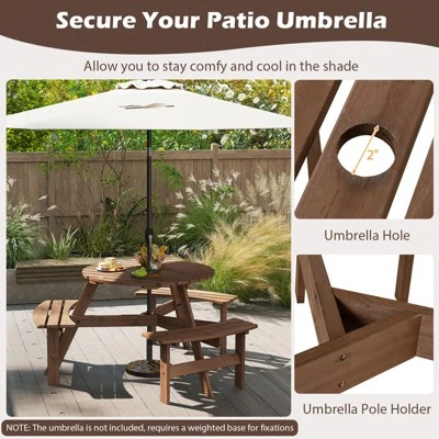Tangkula 6-Person Round Picnic Table Set W/ 3 Built-in Benches 2" Umbrella Hole 9 Tangkula 6-Person Round Picnic Table Set W/ 3 Built-in Benches 2" Umbrella Hole - Image 9
