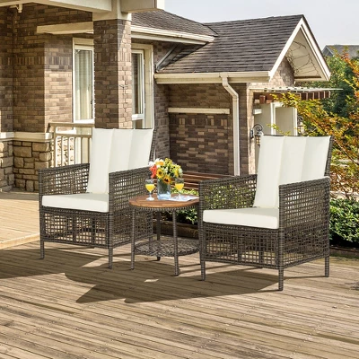 Tangkula 3PCS Patio Wicker Bistro Set Furniture Set PE Rattan Table Set W/ Off White Cushions 2 Tangkula 3PCS Patio Wicker Bistro Set Furniture Set PE Rattan Table Set W/ Off White Cushions - Image 2