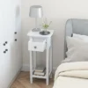 Tangkula Narrow Side Table Small End Table For Small Spaces Farmhouse Acacia Wood Slim Sofa Table Thin Nightstand W/Drawer & Open Shelf White
