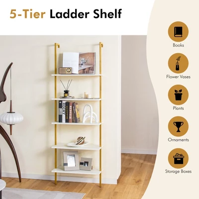 Tangkula 5 Tier Ladder Shelf 71" Open Wall-Mounted Bookcase With Golden Steel Frame 6 Tangkula 5 Tier Ladder Shelf 71" Open Wall-Mounted Bookcase With Golden Steel Frame - Image 6