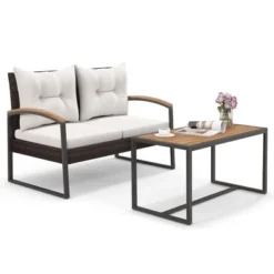 Tangkula Set Of 2 Wicker Patio Furniture - Rattan Loveseat 2-Seater Small Couch W/Acacia Wood Coffee Table & Cushions Conversation Sofa Set -Tangkula GUEST b7c27c67 ac4a 44a7 929e 2f0269a69782