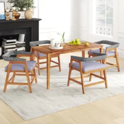 Tangkula 5PCS Patio Dining Set Solid Wood Furniture W/ Rattan Backrest & Seat Cushions -Tangkula GUEST b7f89a66 b233 4a41 ab50 b822e5721155