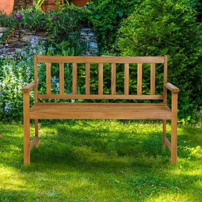 Tangkula 2-Person Outdoor Bench Patio Wooden Bench With Ergonomic Backrest & Armrests All-weather Acacia Wood Frame 48"x 22" 2 Tangkula 2-Person Outdoor Bench Patio Wooden Bench With Ergonomic Backrest & Armrests All-weather Acacia Wood Frame 48"x 22" - Image 2