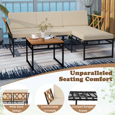 Tangkula Set Of 3 L-Shaped Outdoor Furniture Set Acacia Wood Patio Sectional Cushioned Conversation Sofa With Square Coffee Table 6 Tangkula Set Of 3 L-Shaped Outdoor Furniture Set Acacia Wood Patio Sectional Cushioned Conversation Sofa With Square Coffee Table - Image 6