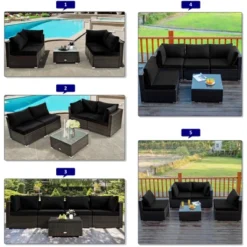Tangkula 6 Piece Patio Wicker Conversation Set, Outdoor Rattan Sofa Set W/ 32" Propane Fire Pit Table, 50,000 BTU Heat, Tempered Glass Tabletop Black/Navy Blue/Red/Turquoise/Off White -Tangkula GUEST b8aad192 83ef 40eb b7b0 2edfab8bde0c 1