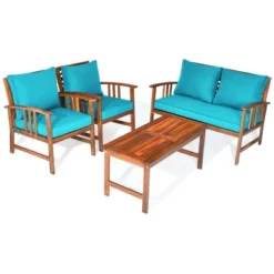 Tangkula 8pcs Wooden Patio Furniture Set Table & Sectional Sofa W/ Turquoise Cushion -Tangkula GUEST b8f27d9e 3e47 4f16 a3db 53db73d959b8