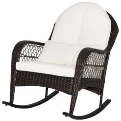 Tangkula Patio Wicker Rocking Chair W/ White Seat Cushions & Lumbar Pillow Porch -Tangkula GUEST b95a79c7 755e 449c a8a8 096b4b80c7af