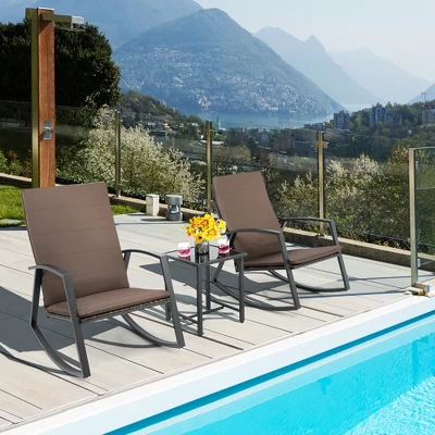 Tangkula 3PCS Rattan Bistro Rocking Chair Set Patio Furniture Set W/ Cushions 2 Tangkula 3PCS Rattan Bistro Rocking Chair Set Patio Furniture Set W/ Cushions - Image 2