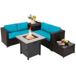 Tangkula 5-Piece Patio Furniture Set With 30 Inches Gas Fire Pit Table Outdoor PE Wicker Sectional Sofa Set With Cushions Red/Beige/Navy/Turquoise 25 Tangkula 5-Piece Patio Furniture Set With 30 Inches Gas Fire Pit Table Outdoor PE Wicker Sectional Sofa Set With Cushions Red/Beige/Navy/Turquoise -Tangkula GUEST b9c89ecc 7f21 44f9 94f8 b4bcdf18eccd