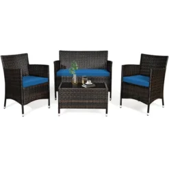 Tangkula 4PCS Patio Rattan Conversation Furniture Set Outdoor W/ Peacock Blue Cushion -Tangkula GUEST b9f16a04 92b5 4404 877b e4e2e4765b9c