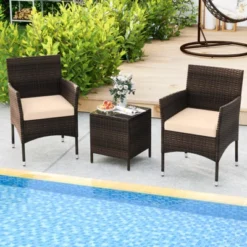 Tangkula 3 Pieces Patio Rattan Furniture Set Outdoor Conversation Set With PE Wicker Armchairs Tempered Glass Top Coffee Table