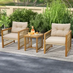 Tangkula 3PCS Patio Acacia Wood PE Wicker Furniture Set W/ Soft Seat & Back Cushions -Tangkula GUEST ba1818f3 d330 4275 9c7f 48b1f852c359