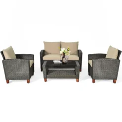 Tangkula 4PCS Cushioned Rattan Conversation Set W/ Coffee Table Patio Outdoor -Tangkula GUEST bab60cc3 6e5e 4b30 9399 1ac45489feef