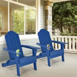 Tangkula 4PCS Patio Folding Adirondack Chair Weather Resistant Cup Holder Yard Navy